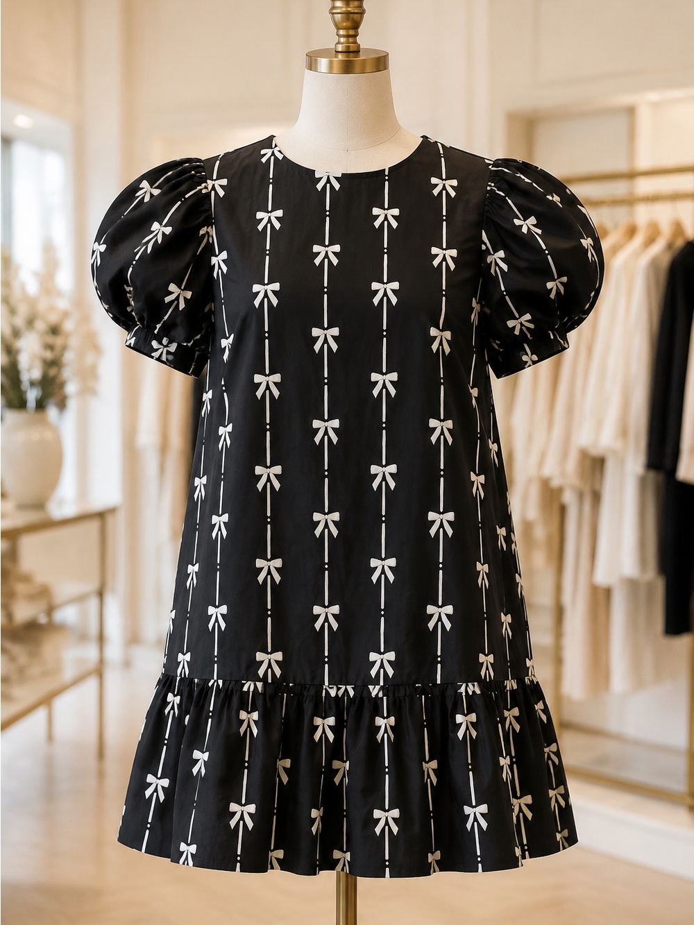 Meet me in Santorini Black Puff-Sleeve Mini Dress with Bow Print
